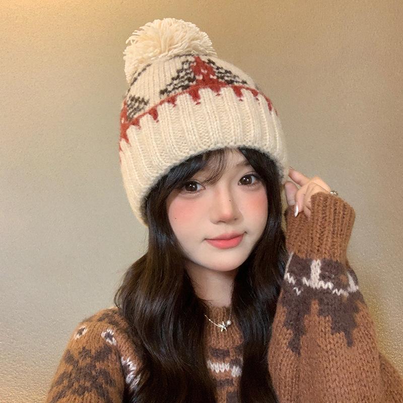 Versatile Knitted Hat Fur Ball To Keep Warm and Cold Proof Ear Protecting Head Covering Hat Women's Loose Small Woolen Hat Showing Face