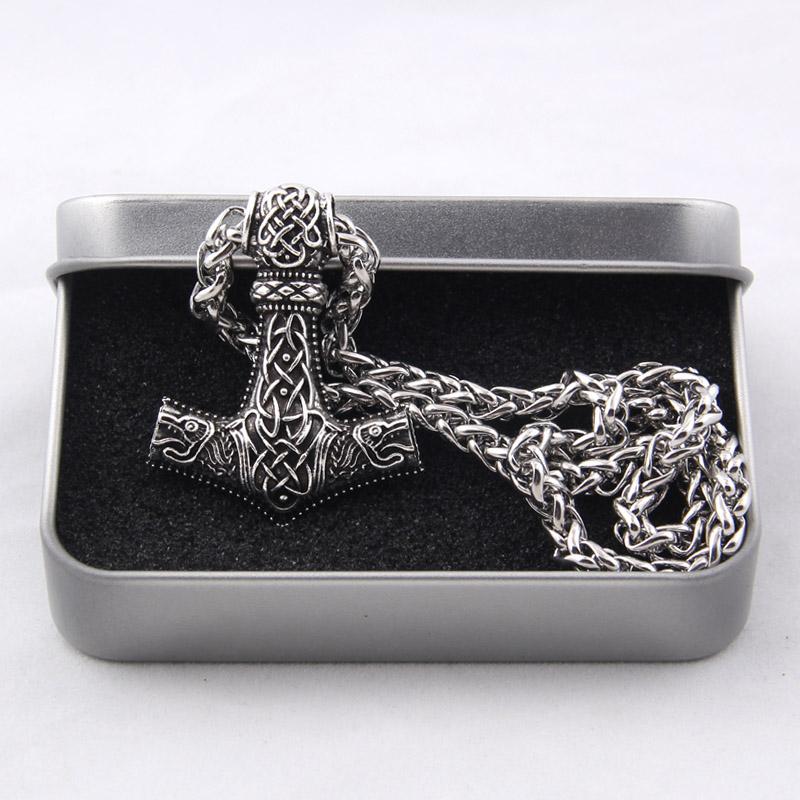 Huge Wolf Thor Hammer Necklace Mjolnir Viking Amulet Pendant Norse Jewelry with Steel Chain