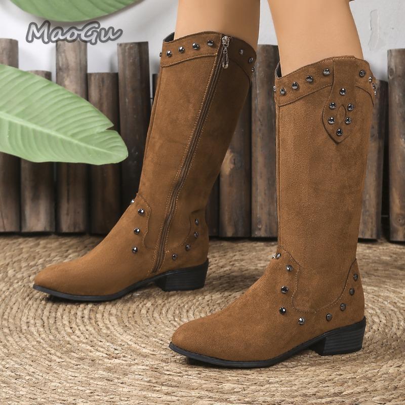Autumn Winter Retro Western Cowboy Boots Women's Pointed Toe Chunky High Heel Fashion Boots New Size 36-43 Knee-High Boots