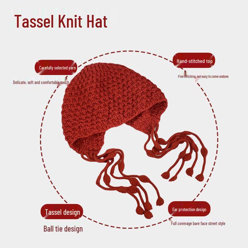 Women's Red Ethnic Tassel Hat - Winter Handmade Knitted Wool, Small-Face Retro Fashion