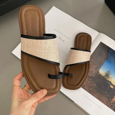 Grape Mother Same Casual Summer Square Head Toe Straw Braided Splicing Flat-bottomed Slippers Women's New Sandals