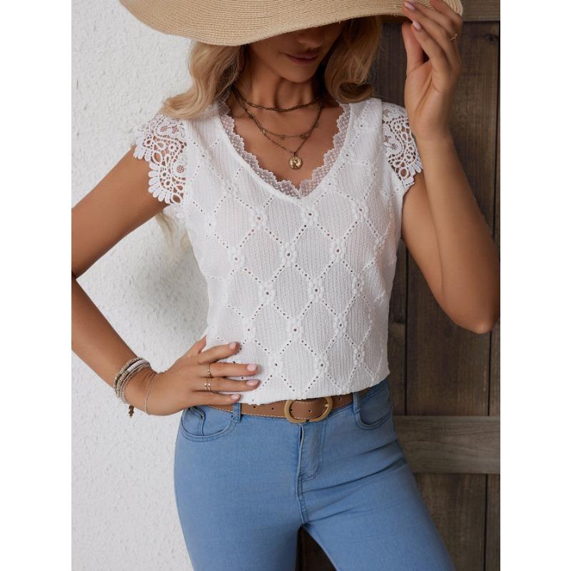 

Летняя женская кружевная сращивающаяся модная тонкая футболка-пуловер с V-образным вырезом XL белый