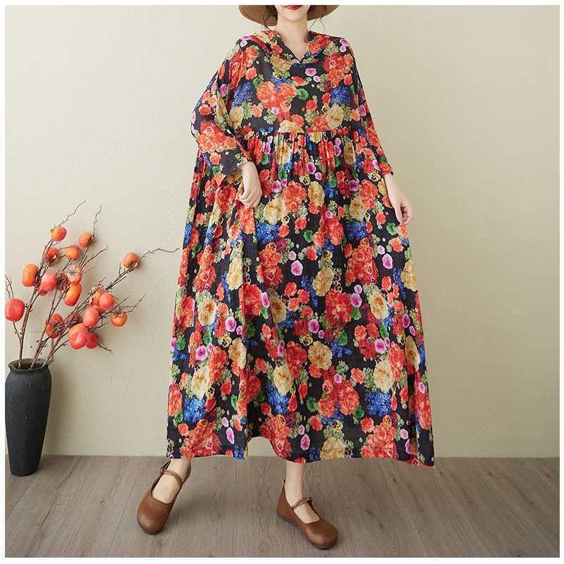 Ladies' Retro Niche Cloud Brocade Yarn Cotton Linen Hooded Printed Dress