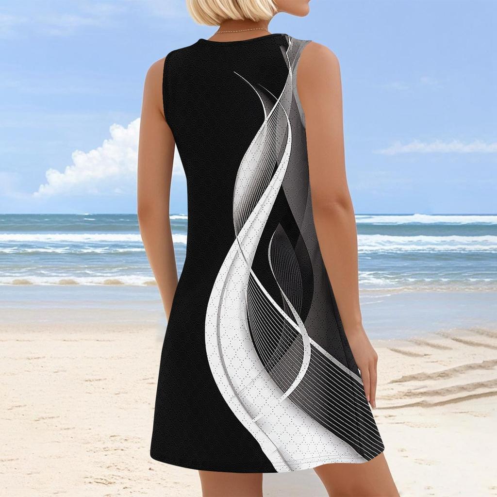 Women's Fashion Casual Summer Cupless Bag V-neck Vintage Color Block Stitching Print Dress Beach Sundress
