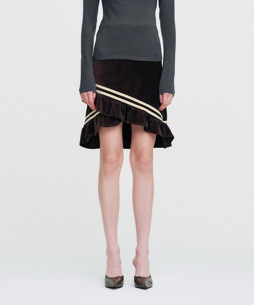 Kimjisu Color Strap Velor Frill Skirt _ Brown