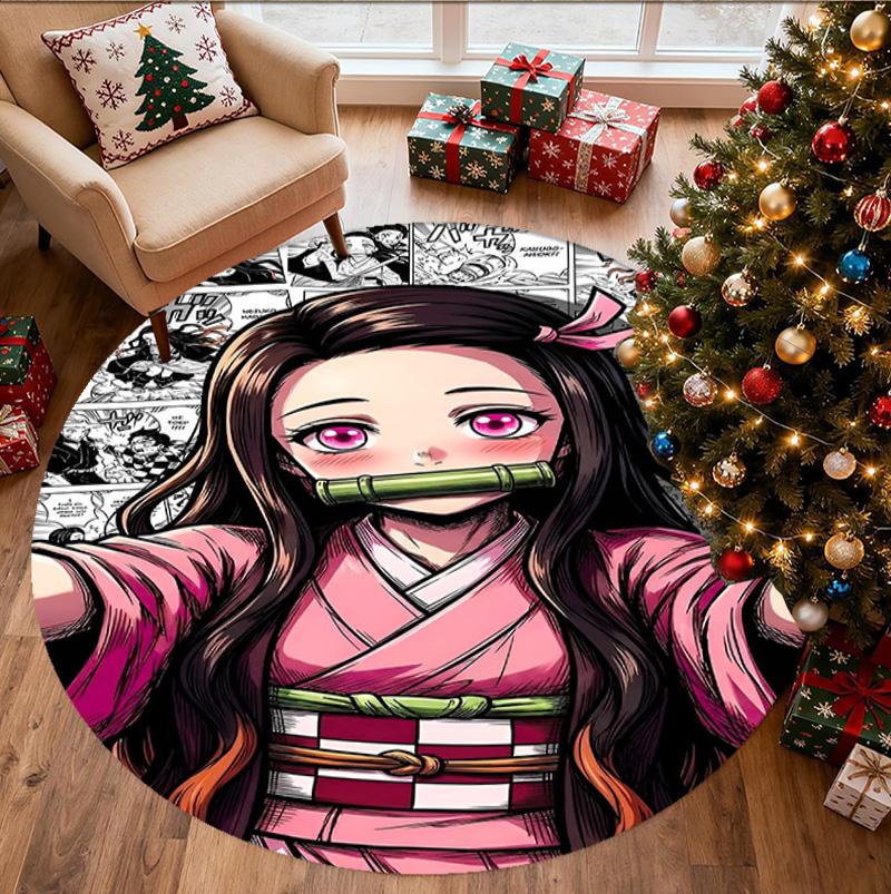 Demon Slayer Pattern Round Rug, Indoor/Outdoor Mat, for Picnic, Gameroom, Bedroom, Office, Living Room, Home Decor Carpet, Birthday Gift