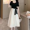 Elegant Plus Size Hepburn Style Color Block Waist-Cinched Square Neck Summer Dress