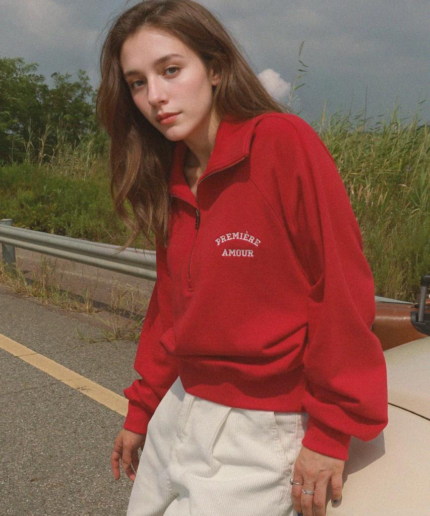 PREMIERE AMOUR Half-Zip Collar Embroidered Sweatshirt - Red
