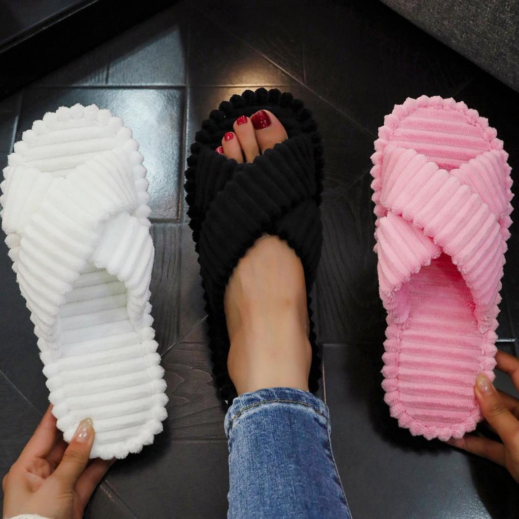 Ladies Cross Strap Corduroy House Slippers, Striped Comfy Cotton Four Seasons Indoor Slides