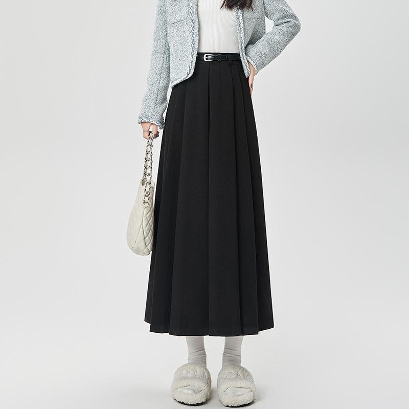 Women's 2024 High-Waisted Wool Pleated Midi Skirt – Autumn/Winter Slimming A-Line