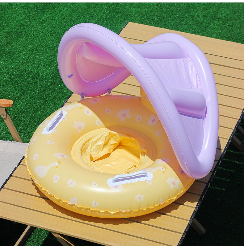 2026 New Yellow Flower Sunshade Baby Swim Ring Safe Anti Rollover Infant Seat Float Sun Protection Beach Party Toy