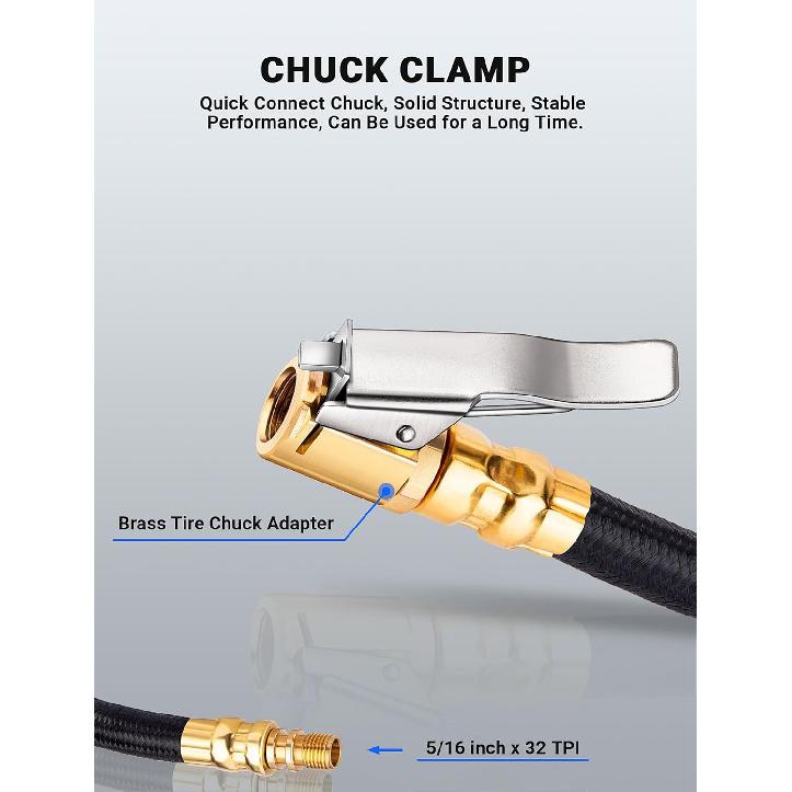 12'' Tire Inflator Extension Hose, Tyre Pump Clip-On Air Chuck Adapter for Quick-Inflation Lock, High-Pressure Tube Quick Connect for Car Motorcycle