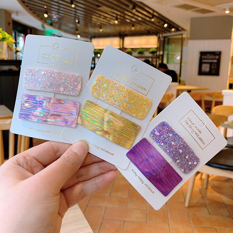 2Pcs Korean New Laser Glossy Hairpin Magic Color Colorful Rectangular Aurora Edge Clip Children's Bangs Headdress