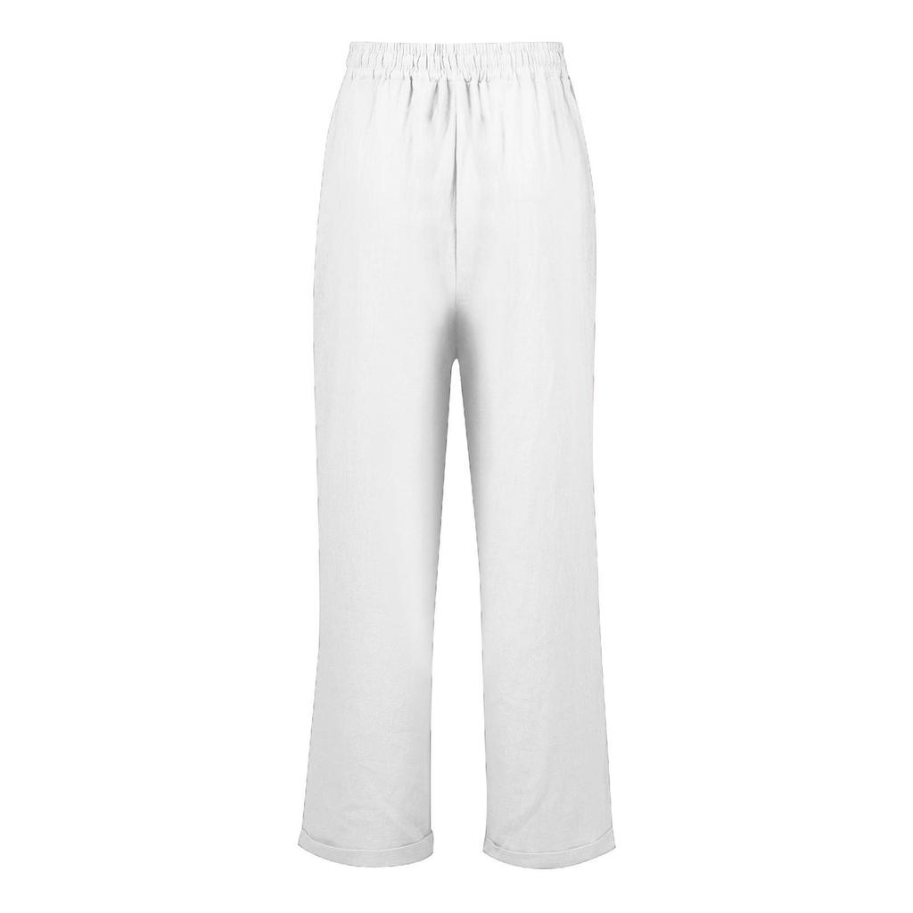 Womens Summer Elastic Waist Pocket Pocket Solid Color Cotton Linen Wide Leg Pants Loose Nine Points Pants