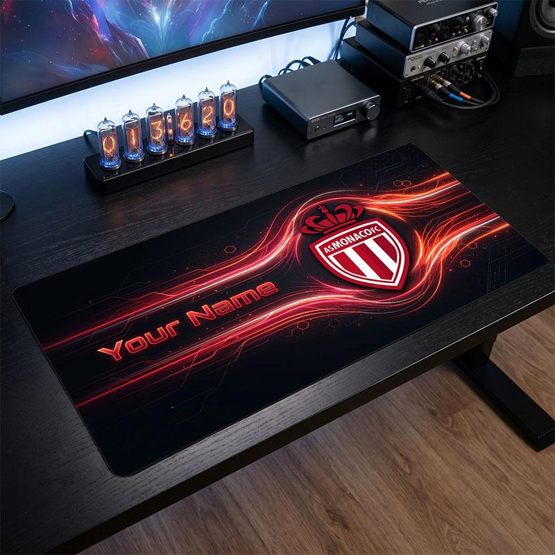 Monaco FC Custom Large Mouse Pad, Personalized Name Text Print, Football Logo Non‑Slip Desk Mat Gaming Gift