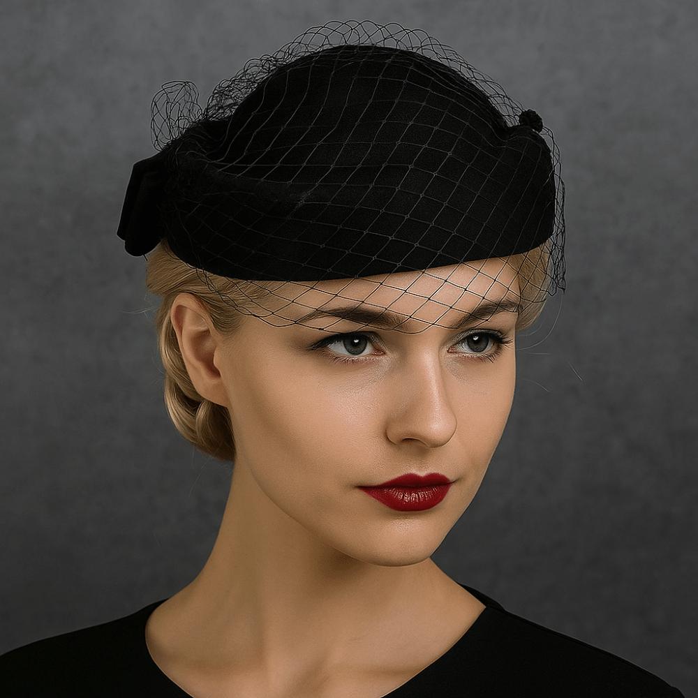 British Style Pillbox Hat Solid Color Topper Hat Elegant Wool Bow Hat with Veil  Wedding