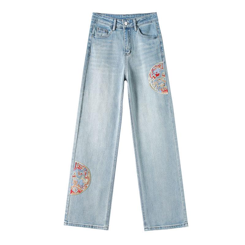 Chinese National Style Embroidered High-Waisted Wide-Leg Denim Pants: Women's Loose-Fit, Floor-Length Pear-Shaped Design