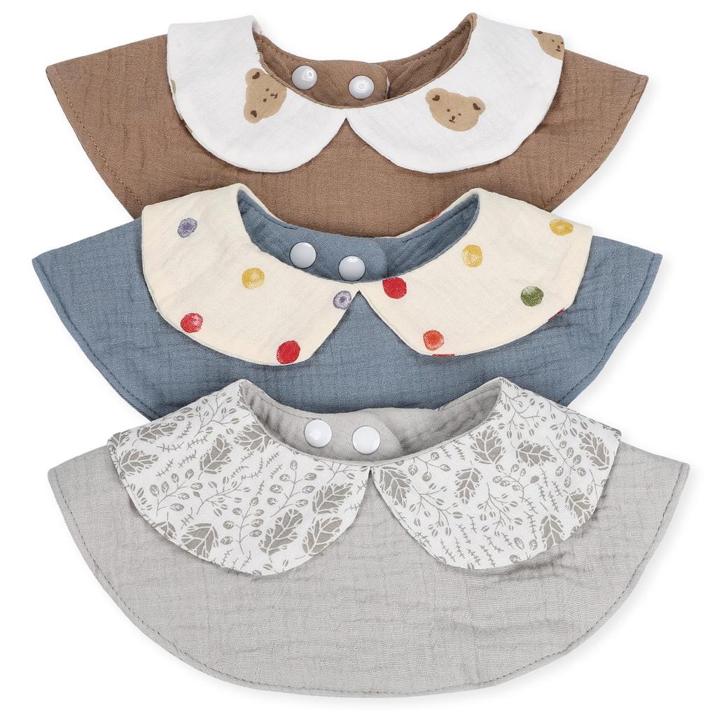 Lipilea Bibs with Collar for Girls and Set of 3 Boys, 360° Angles, 6-Layer Gauze, 100% Cotton, (E. Boyish)
