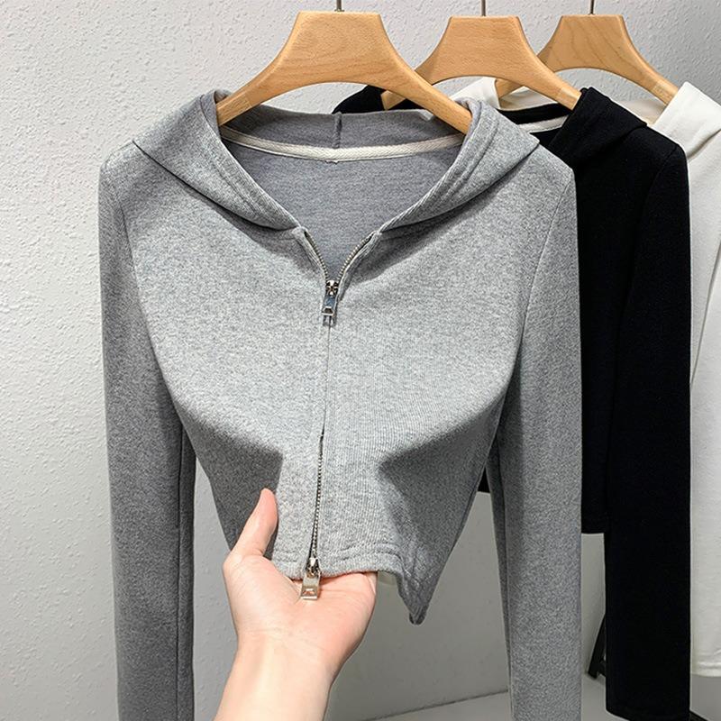 Reißverschluss Kapuzenpullover Damen grauer Kragen Langarm Kurz Freizeitjacke, Damenbekleidung