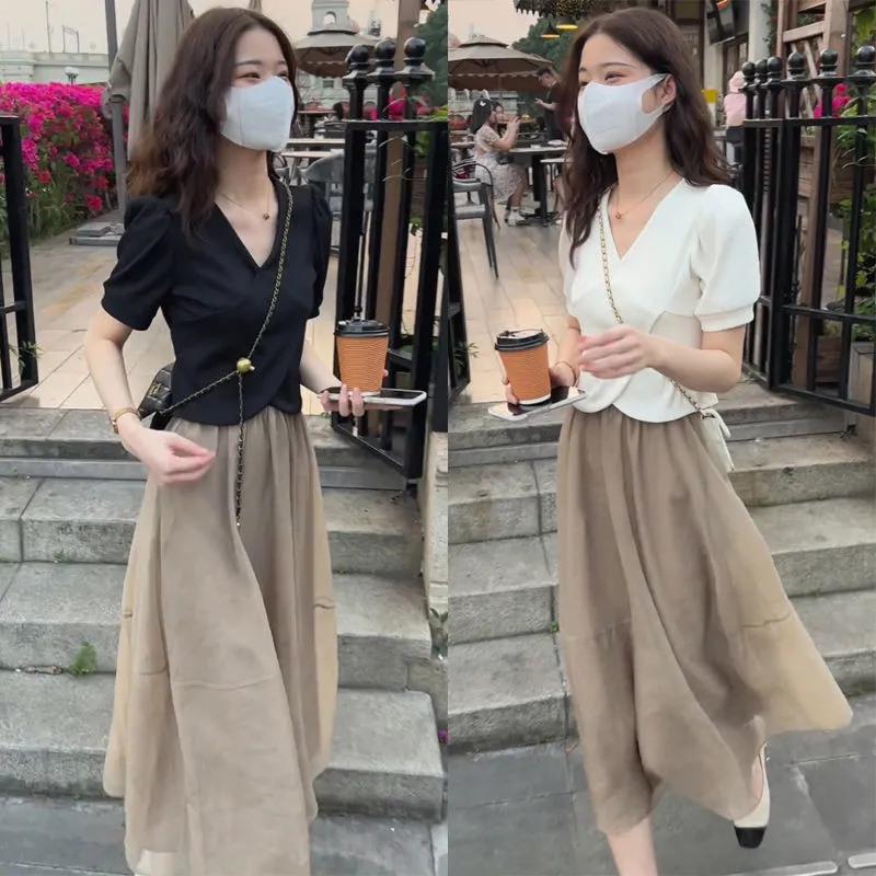 Influencer Women's Summer Two-Piece Set: Short Sleeve Crop Top & High Waist Midi Skirt