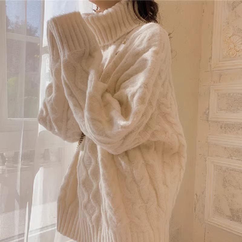 Women's Retro High-Neck Cable Knit Sweater - Loose Fit, Thickened for Autumn/Winter 2025