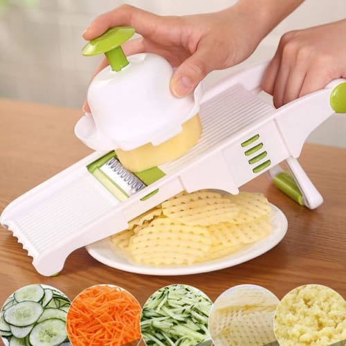 Multi-functional vegetable slicer set, 8-in-1, including cabbage, radish, and shredder.