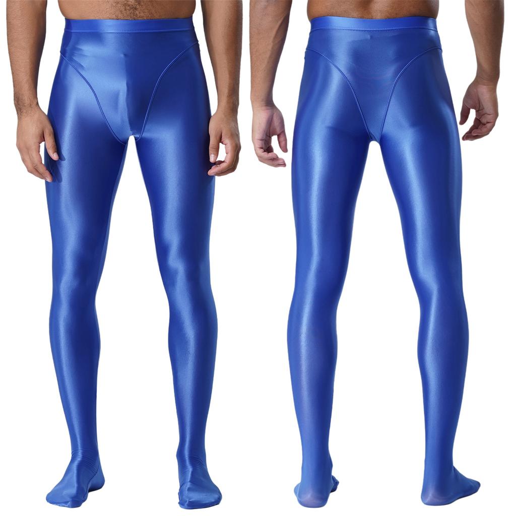 Męskie błyszczące legginsy o wyglądzie mokrej skóry Błyszczący elastyczny pas Wzór ze stopami Dopasowany krój Obcisłe spodnie-rajstopy