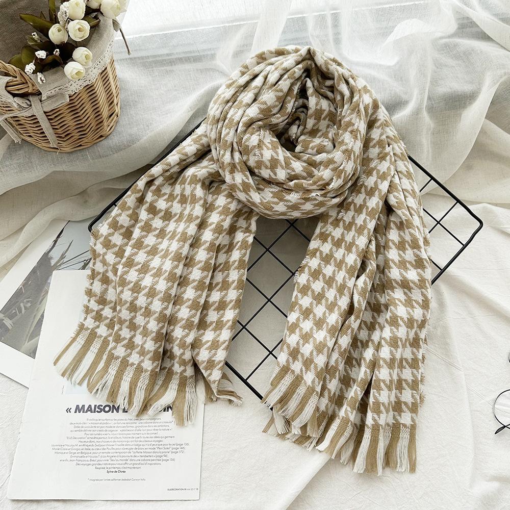 Imitation Cashmere Houndstooth Scarf for Women in Autumn and Winter Versatile Tassels and Skin Friendly New Plaid Scarf Thickened Shawl