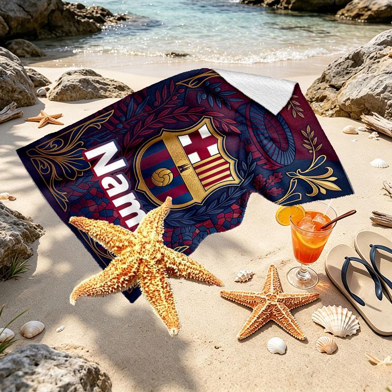 Serviette de Plage Personnalisée avec Nom Club de Football Barcelone, pour Voyage Camping Fête à la Plage Décoration Intérieure, Cadeau d'Anniversaire pour la Famille et les Amis