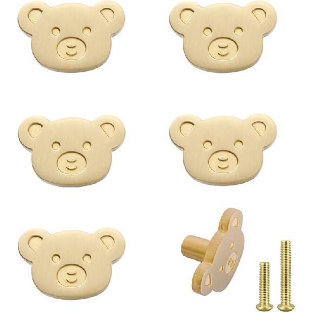 6pack Brass Knobs for Kids, Car Shape Pulls for Nusery Room, Cute Decorative Handles for Boys and Girls (Bear)