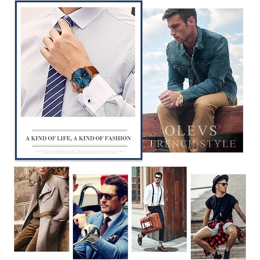 OLEVS Men's Minimalist Slim Fashion Analog Quartz Watch with Date Waterproof Large Dial Retro Leather Band