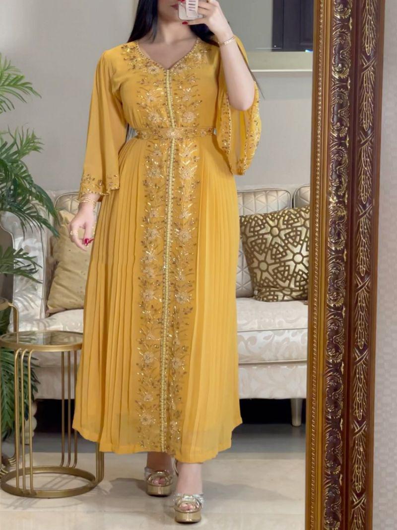 2023 Spring/Summer Women s Embroidered Rhinestone Kaftan Evening Gown Double Extra Large жёлтый