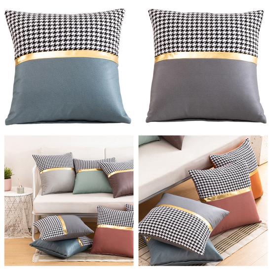 Square Pillow Case Houndstooth Solid Color Golden Strap Splicing Thickened Sofa Bed