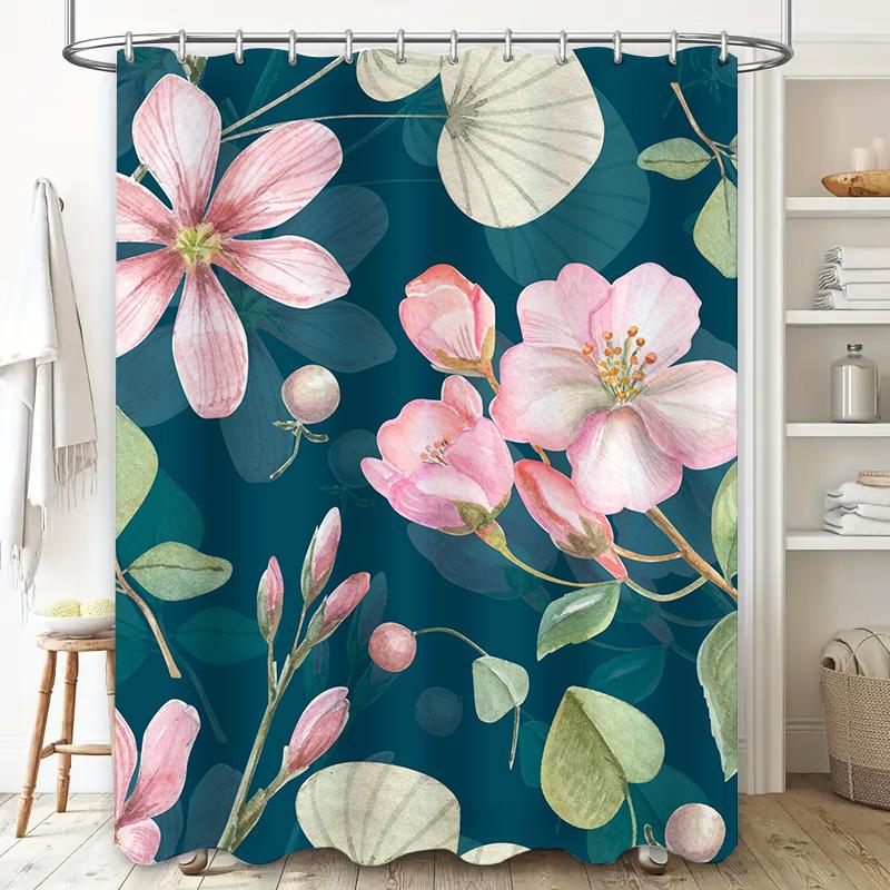 Nature Floral Shower Curtain Green Leaf Pink Flower Home Decor Waterproof Bath Rug Decoration Soft Fabric Printing Modern Design