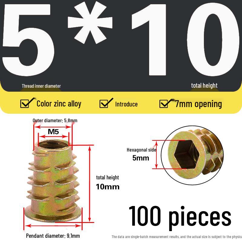 Zinc Alloy Hex Self-Tapping Nut with Washer for Furniture, Internal/External Thread, Medium Wood, Sizes M4-M8.