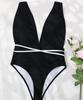 Women's Swimsuit Black Deep V Sexy High Waist Back Tie One Piece Bikini Swimsuit