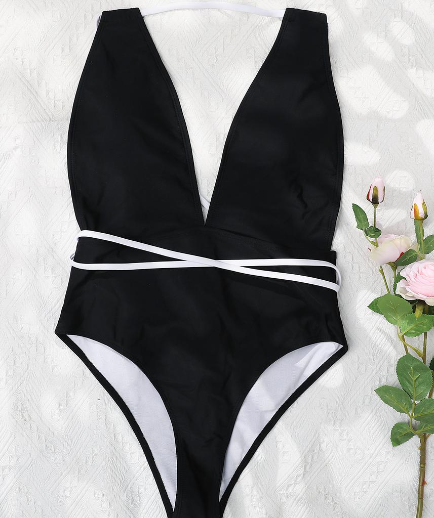 Women's Swimsuit Black Deep V Sexy High Waist Back Tie One Piece Bikini Swimsuit