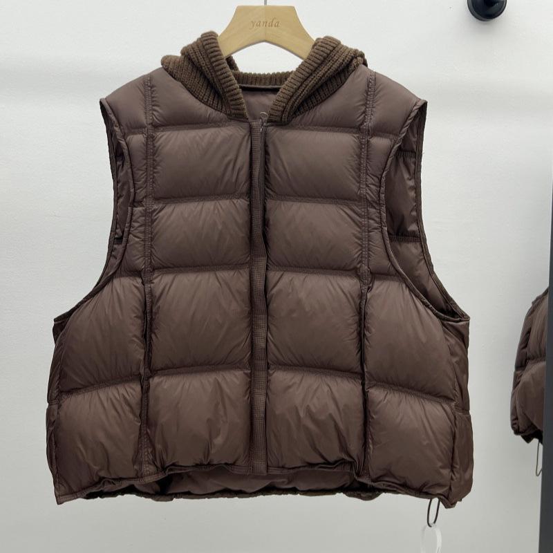 Europäischer Mode Patchwork Strick Kapuzen Daunenweste für Damen - 2026 Herbst/Winter Trendige Lockere Puffer Weste Jacke