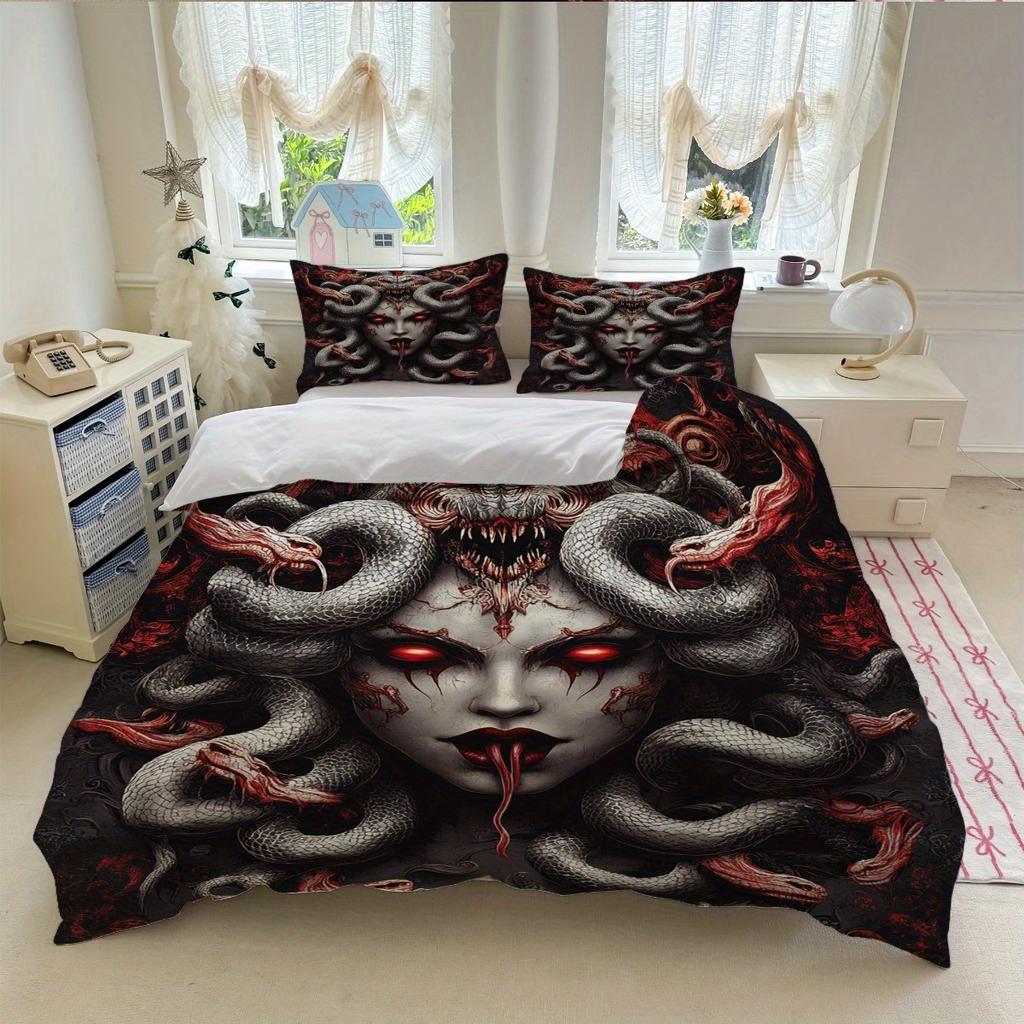 3pcs Gothic Medusa Beding Set Black Red Snake Print Soft Duvet Cover Set King Quen Twin Sized Dimensions Birthday Gift Bedrom Decor