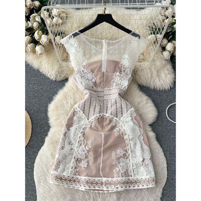 Vintage Court Style Flowers Slim Looking Dress Embroider