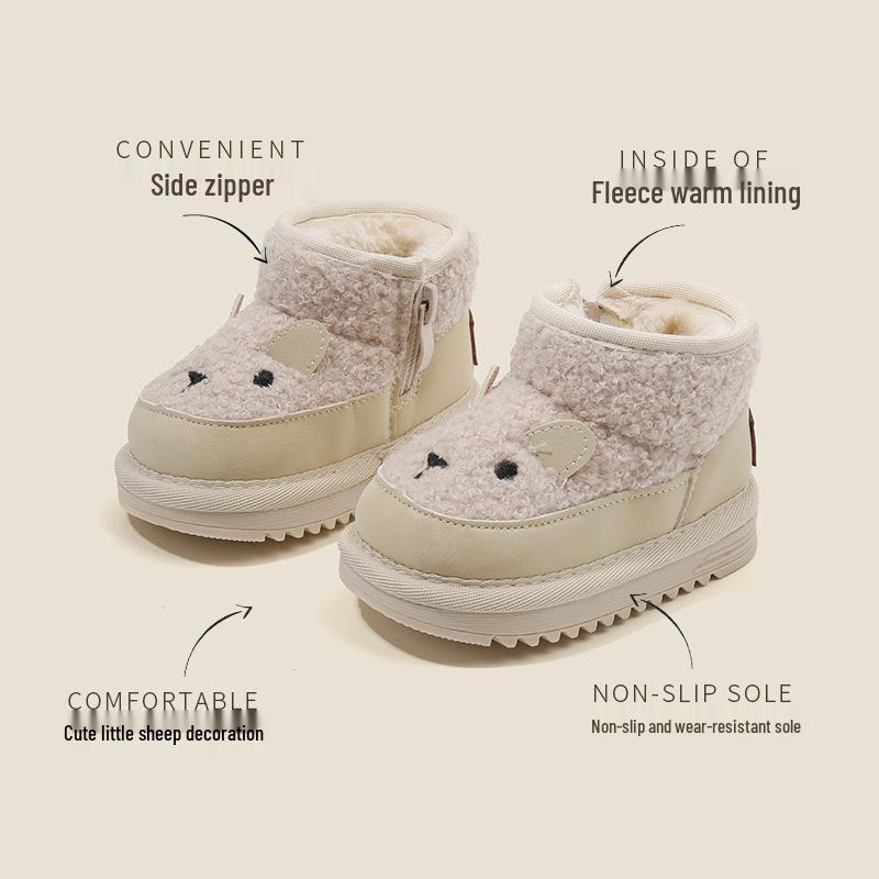 Korean Style Plush Snow Boots for Babies and Kids – Warm Leather & Cotton Shoes for Boys and Girls, Perfect for Autumn and Winter.