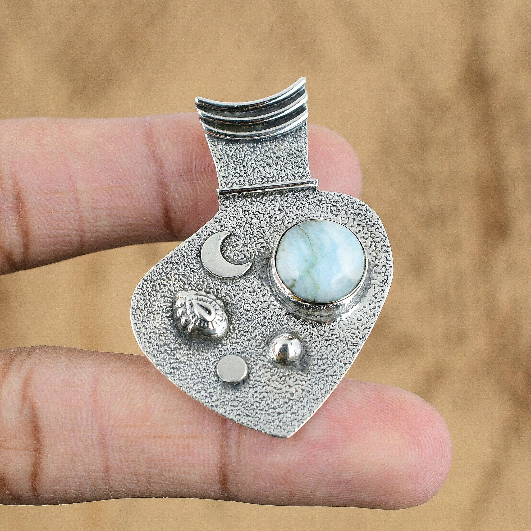 

Round Larimar Gemstone Artisan Handmade Mother Pendant Jewelry Sterling Silver