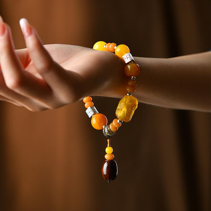 Vintage Bohemian Beeswax Bracelet, Chicken Oil Yellow Single Circle Turquoise Multi Treasure Bracelet Pendant, Temperament Accessory for Women