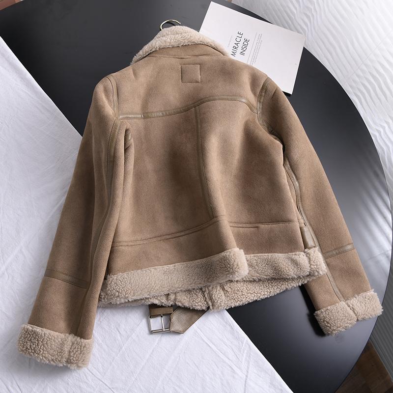 Winter Women Thick Warm Suede Jacket Short Motorcycle Brown Coats Faux Shearling Sheepskin Leather Jackets Outwear