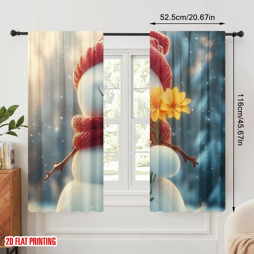 2pcs,2D Plane Printing Popular Curtains Cute Snowman Winter Flowers (2) Durable 100% Polyester Fabric (without Rod) Decorations