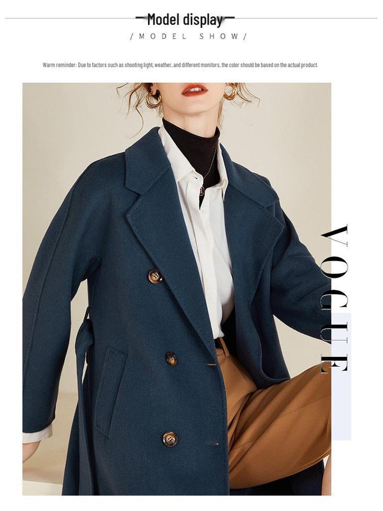 Women's Extra Long Double-Breasted Wool Coat with Tie Waist - Autumn/Winter Collection