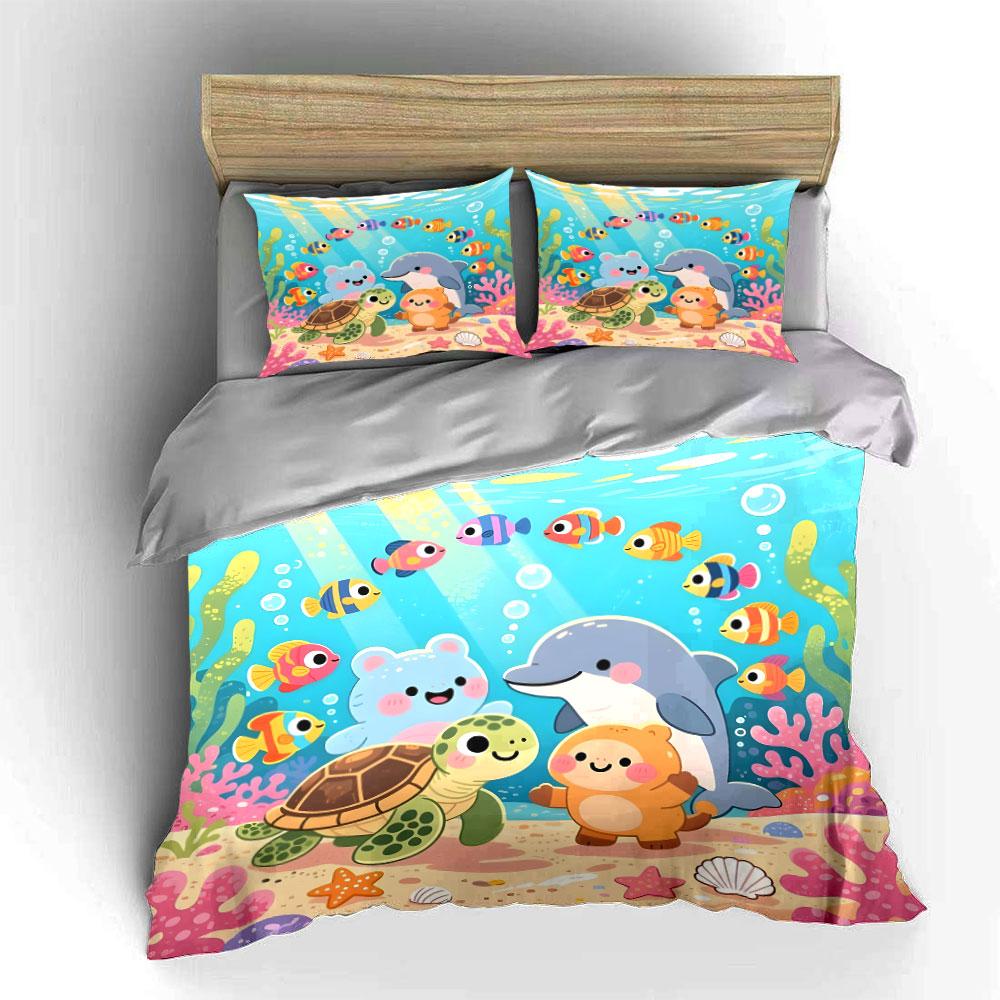 Underwater Animal Friends Gathering Print Bedding Set 1 Duvet Cover 2 Pillowcases For Adult And Children Luxury Gift Full Size