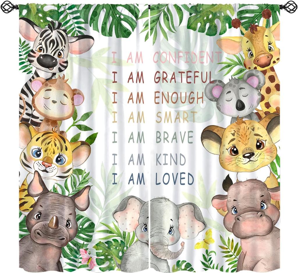 Kids Forest Animal Curtains, Rustic Cute Wild Animal Fox Deer Hedgehog Window Treatments Farmhouse Woodland Window Drapes For