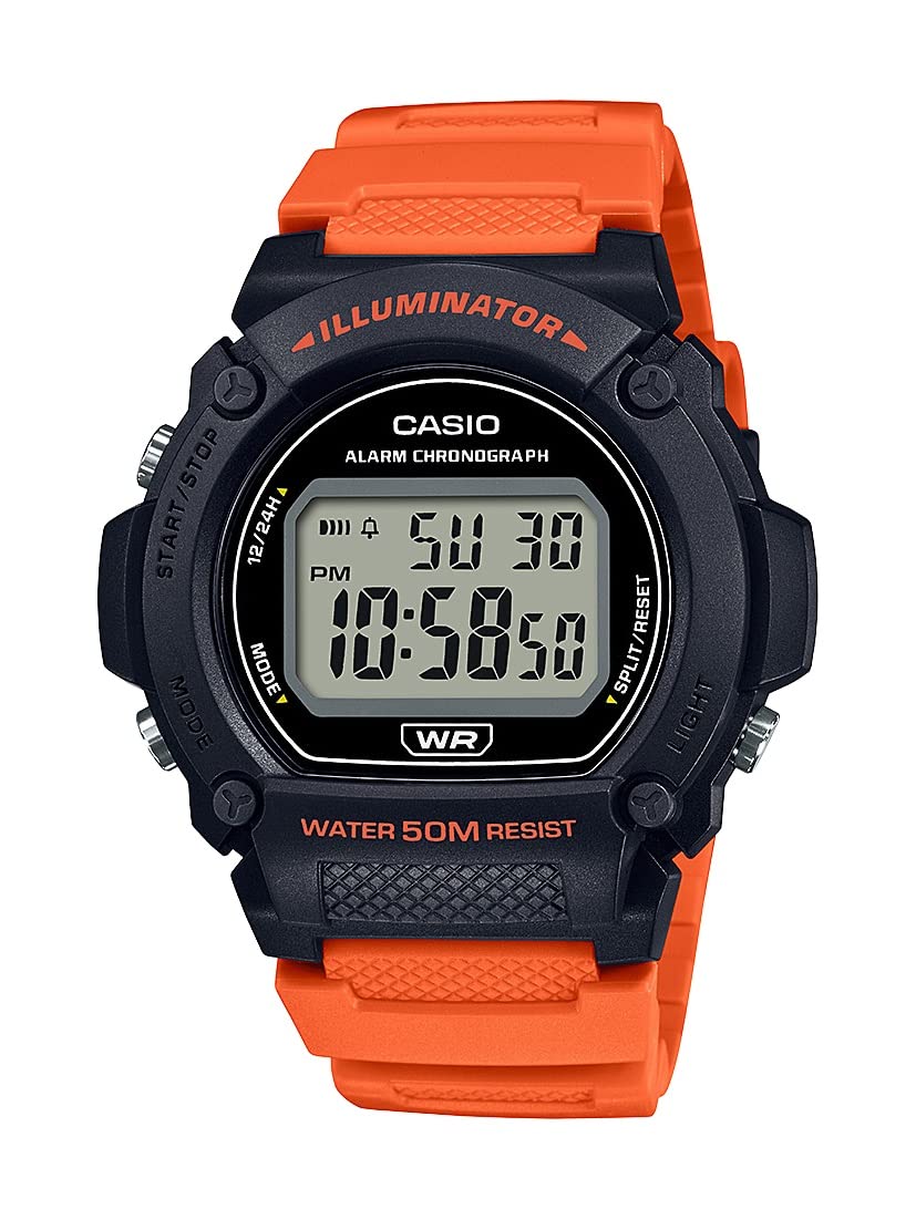 

Casio W219H Series Digital Watch 50M WR LED Illuminator Chronograph Stopwatch Daily Alarm Hourly Chime Battery Men s Black/Orange 100-Second