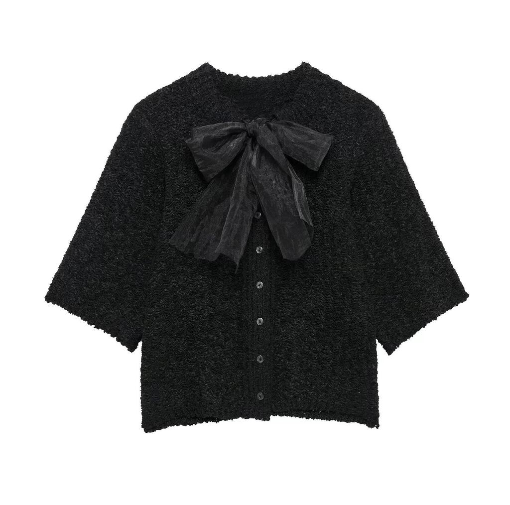 Spring 2025 Sweet Bow Brooch Transparent Knit Top for Women